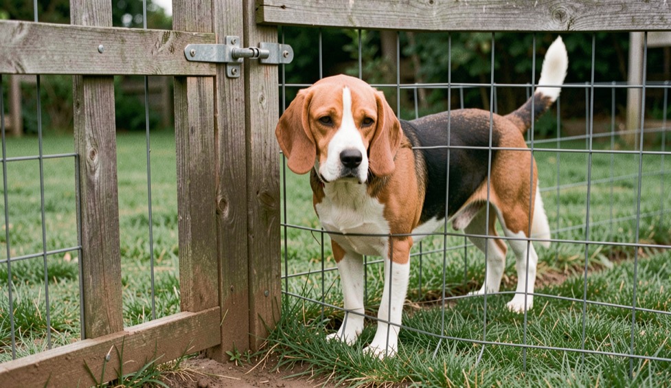 Beagle adulte devant un portillon de jardin en bois fermé par un loquet haut, pelouse verte et grillage bas enterré