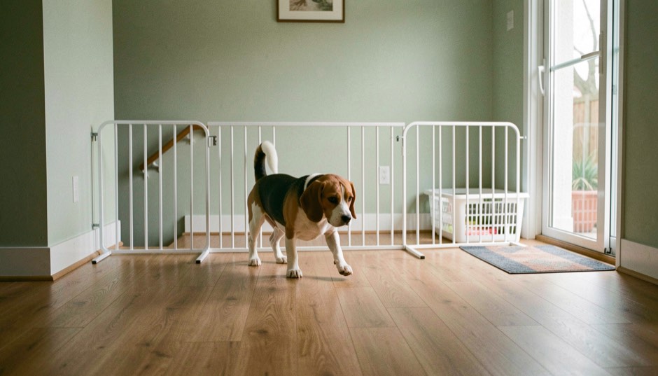 Beagle qui longe une barrière de sécurité blanche dans une pièce vide au parquet, panier à linge et paillasson près de la porte-fenêtre