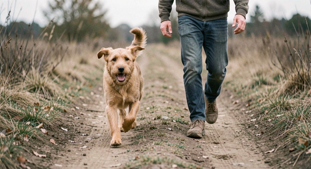 Chien courant sur chemin de terre aux côtés de son maître