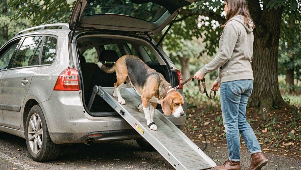 Beagle qui descend une rampe légère depuis le coffre d'un break garé sous des arbres, laisse tenue par une promeneuse