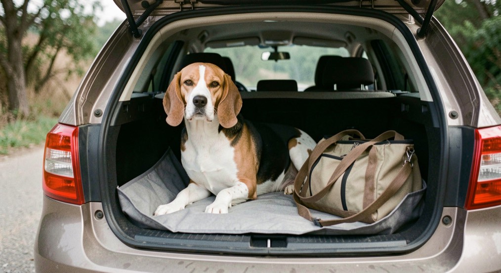 Beagle installé dans le coffre ouvert d'une voiture break, sur une housse de protection grise, à côté d'un sac de promenade