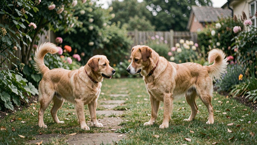 Deux chiens de tailles différentes se rencontrent dans un jardin
