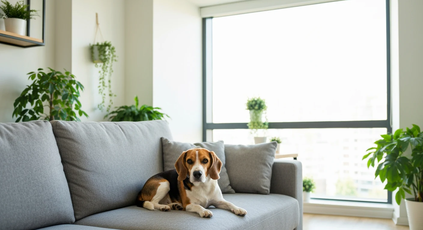 Un petit spitz nain assis près d'un beagle dans un appartement