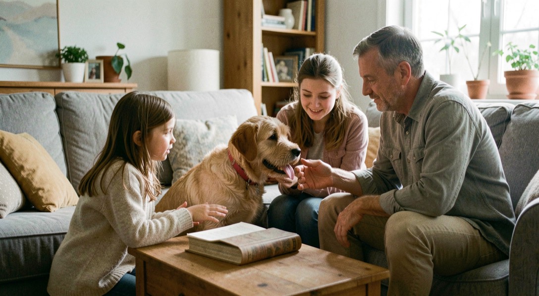 Famille réfléchissant au choix d’un chien dans le salon