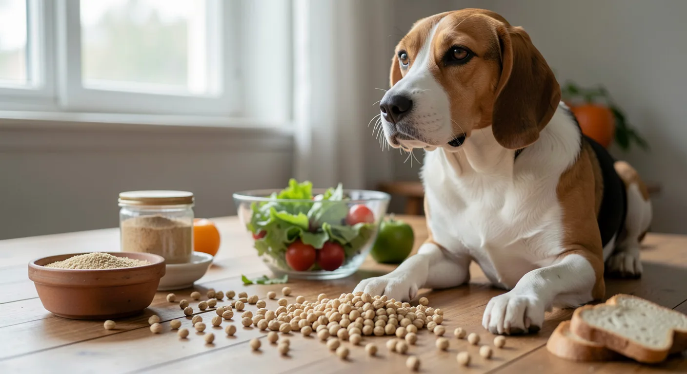 Un beagle près de sa gamelle au moment du repas