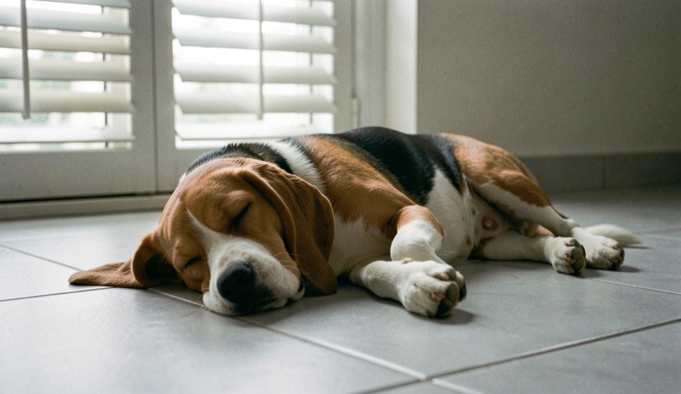 Beagle adulte endormi sur un carrelage gris clair frais à l'intérieur d'une maison, volets mi-clos et lumière tamisée