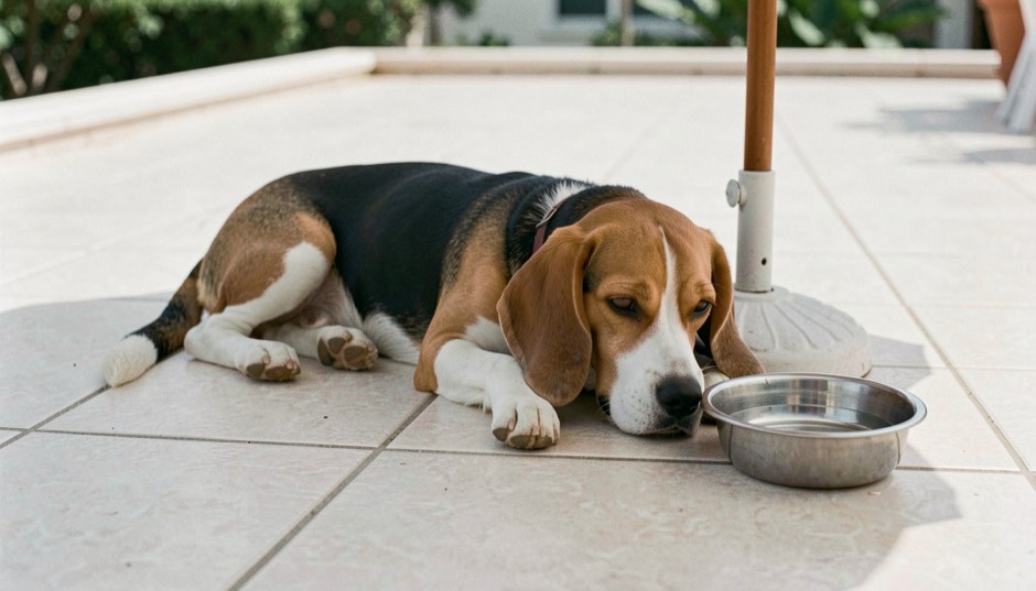 Beagle tricolore allongé à l'ombre d'un parasol sur une terrasse carrelée claire, gamelle d'eau fraîche posée à côté