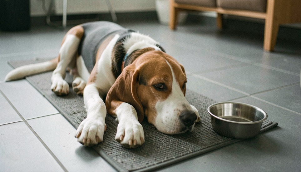 Beagle senior couché sur un tapis antidérapant posé sur un carrelage gris mat, gamelle en inox à côté