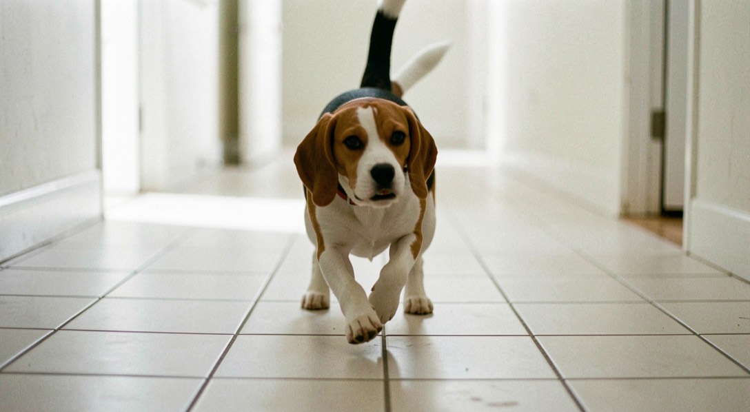 Beagle tricolore qui trottine sur un carrelage clair dans un couloir lumineux, coussinets bien posés