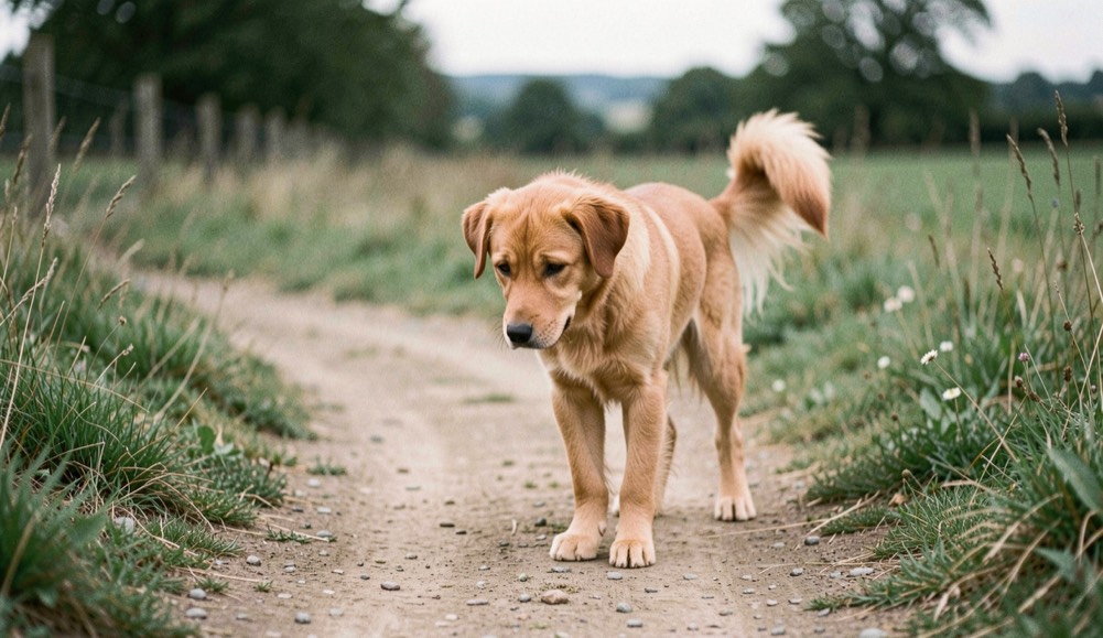 Chien attentif au travail sur un chemin de campagne