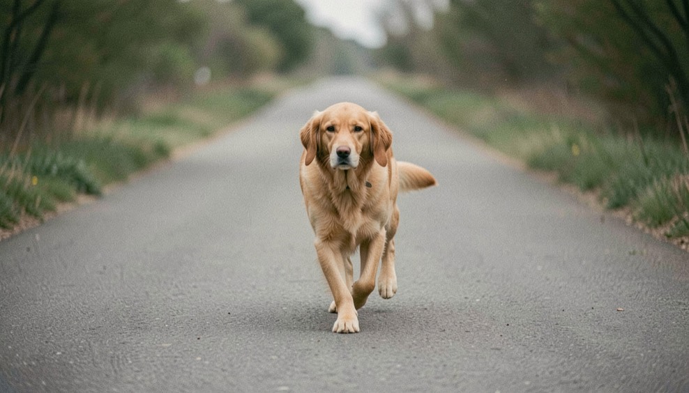 Chien de format long et bas marchant sur un chemin plat