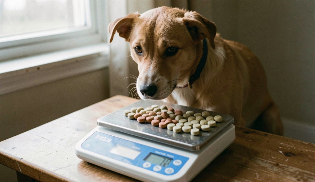 Gamelle de chien avec rations dosées sur une balance
