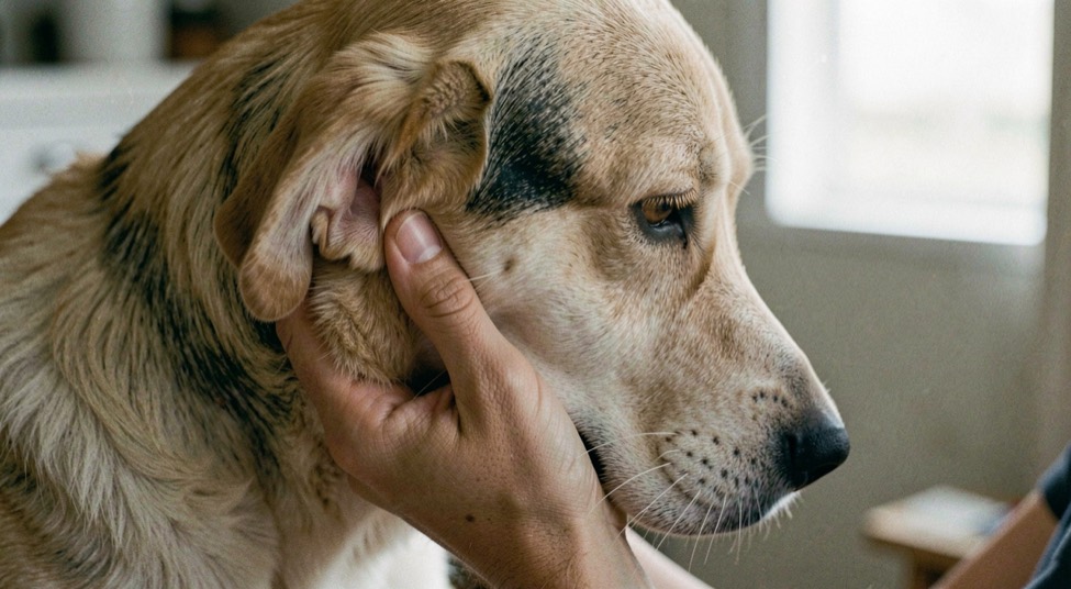 Oreille tombante de chien inspectée avec soin