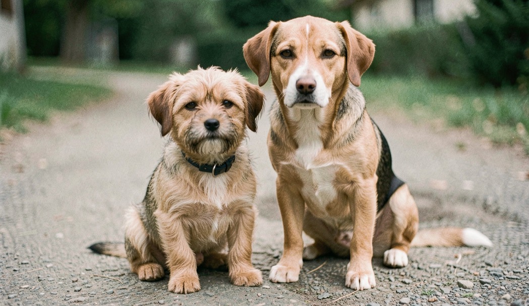 Petit chien de compagnie et chien de taille moyenne vivant ensemble