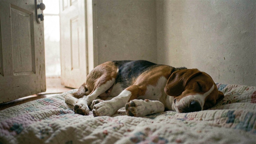 Beagle adulte endormi sur une couverture dans une chambre fermée, porte close et lumière douce de fin d'après-midi