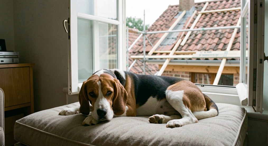 Beagle tricolore couché sur un coussin dans un salon calme, fenêtre ouverte sur un toit de tuiles canal en travaux