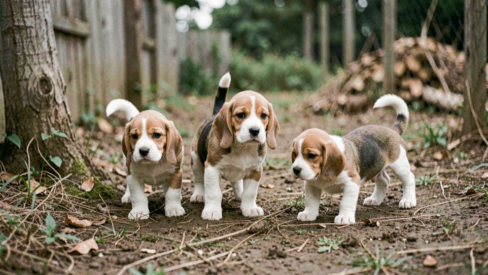 Portée de chiots beagle dans leur lieu de vie